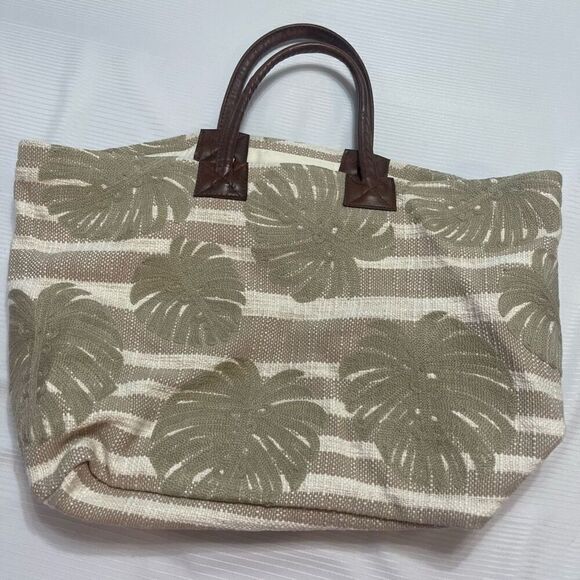 J Jill Purse Large Tan Fabric Handbag Hobo Bag Boho Tropical Leaves Lightweight - Picture 2 of 10